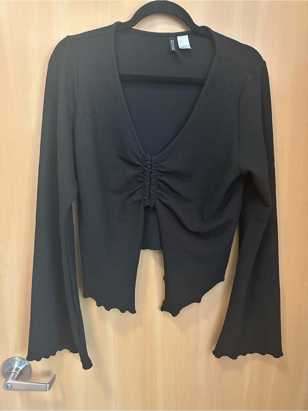 Divided Black Ribbed Long Sleeve Ruched Crop Top